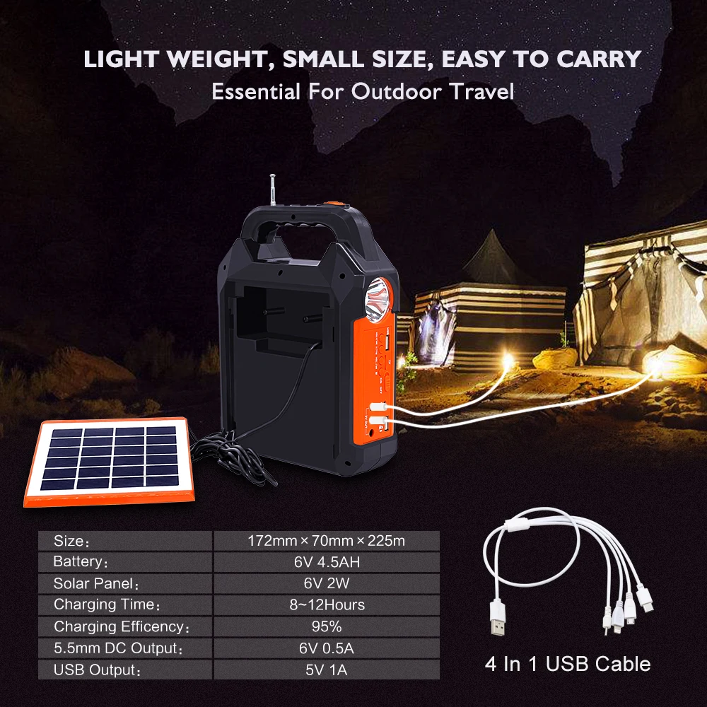 Solar Radio Lights 18650 Battery Lithium Solar Camping Lights Detachable Solar Panel Design with Speaker FM Radio