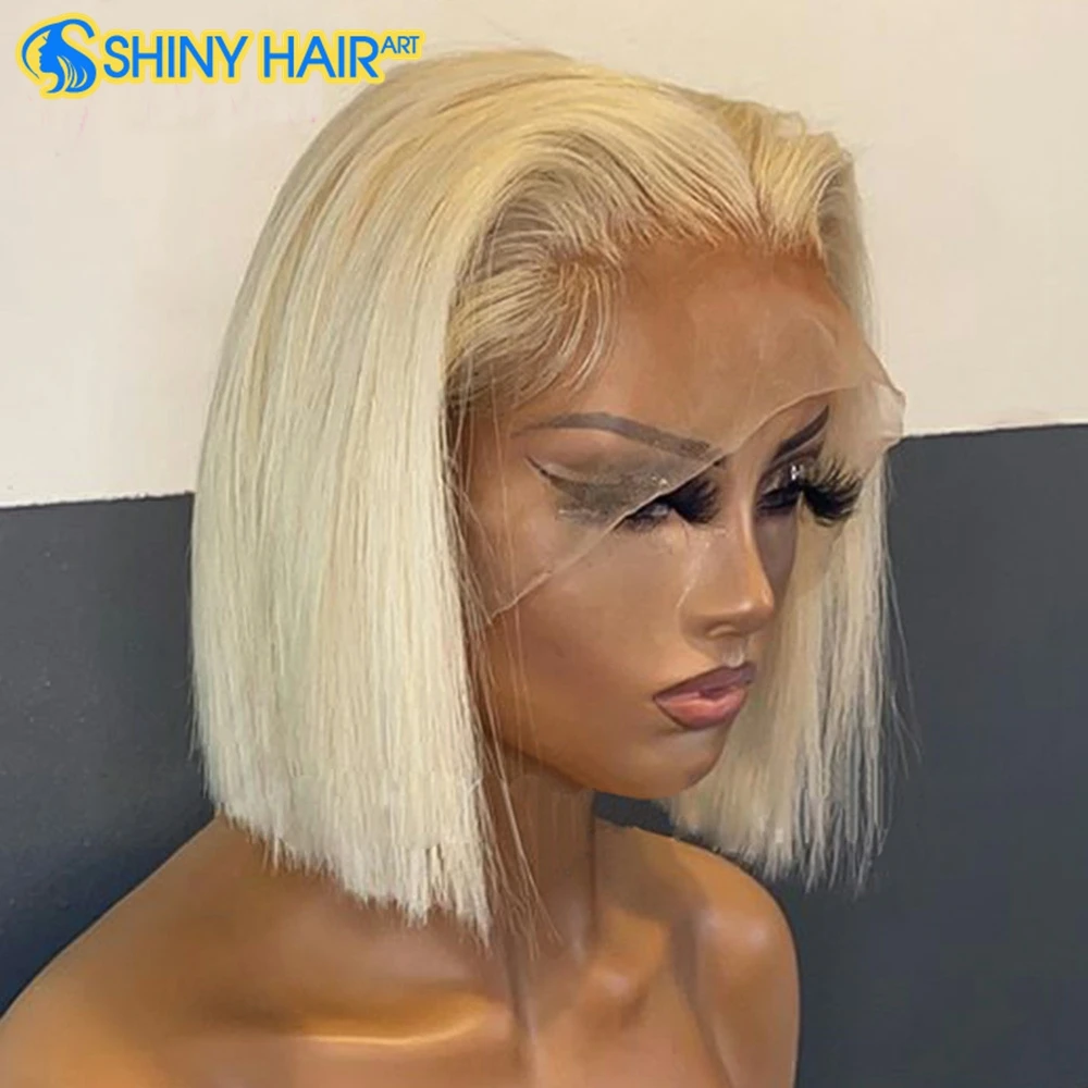 Brazilian Glueless Transparent 613 Honey Blonde Lace Wigs for Black Women Straight Human Hair 613 Blonde Short Bob Frontal Wig
