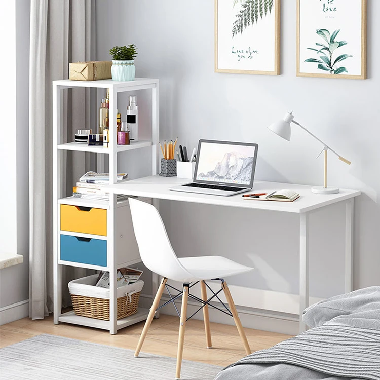 Wooden Office Desk Study Writing Home Steel Wood Desktop Computer Table with Shelf and Drawers