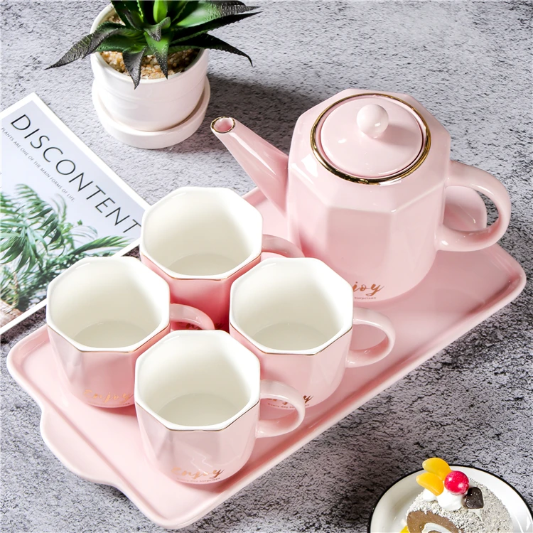Nordic style home goods afternoon luxury porcelain tea cup set  drinkware pink ceramic tea set with gift box
