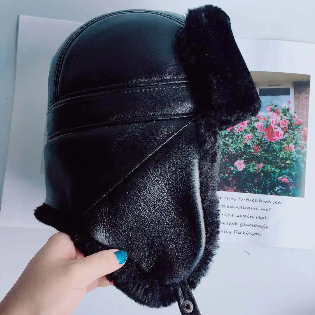 Mens WinterUnisex Shearling Sheepskin Leather Aviator Russian Ushanka Trapper Winter Fur Hats Cold Weather Hat for Men
