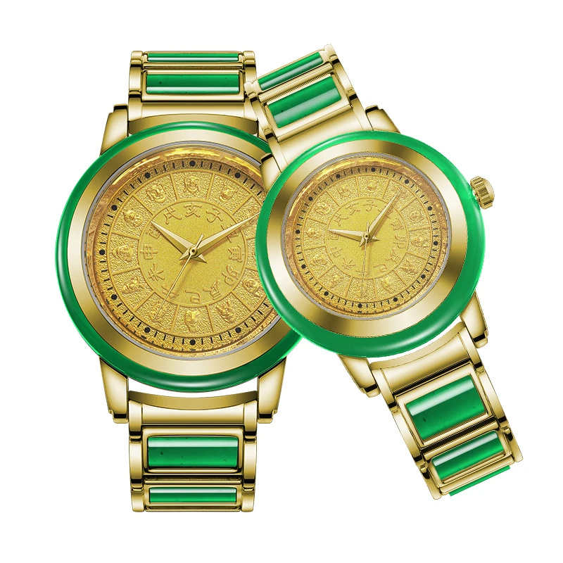 
Wholesale high quality 12 zodiac green nephrite jade couple watch nephrite steel band mechanical watches 