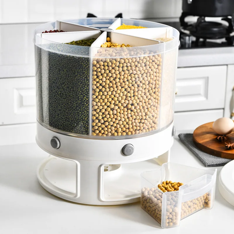 Household Large Capacity 10 L Rotatable Rice Beans Storage Container Plastic Rice Grain Bucket For Kitchen Use