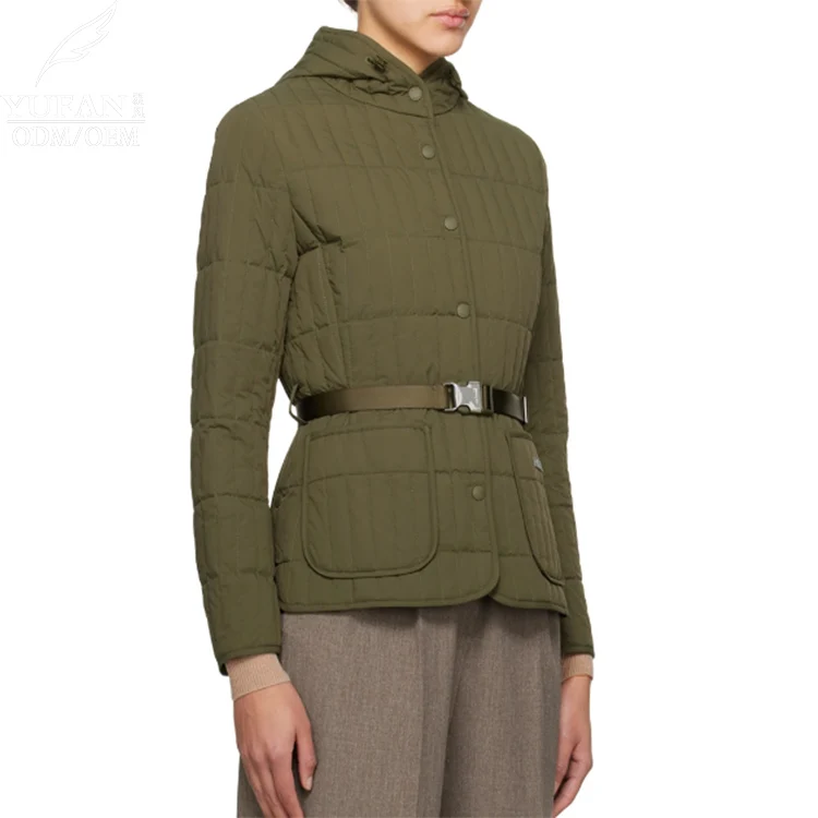 Yufan Custom fashion style warm down jacket waterproof fabric slim puffy belt green down jacket coats for women