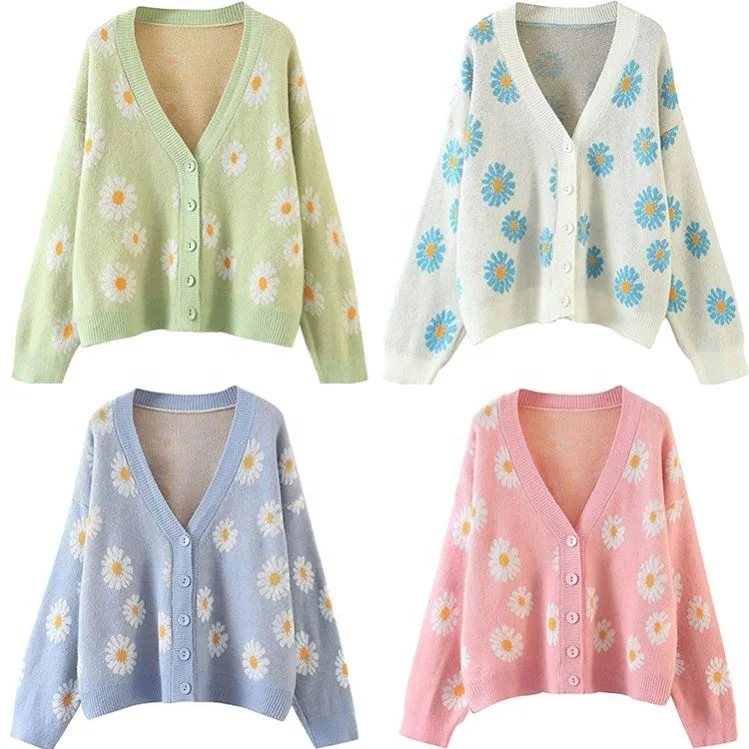Wholesale Knit Oversized Cardigan Sweater Floral Jacquard Long Sleeve V Neck Button Down Vintage Outerwear Tops Clothing
