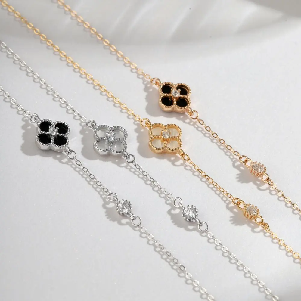 Fine Jewelry 925 Sterling Silver Four Leaf Clover Adjustable Bracelets Flower 925 Silver Best Friend Bracelets for Girls Women