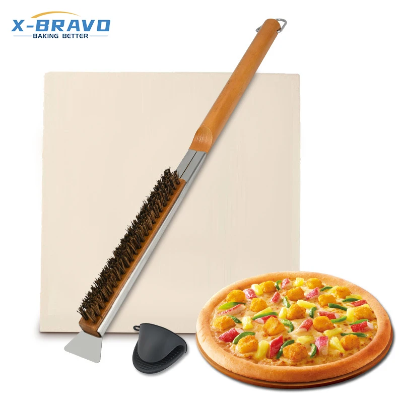 Wooden handle pizza brush Long handle pizza brush pizza stone baking heat insulation hand clip set oven cleaning brush