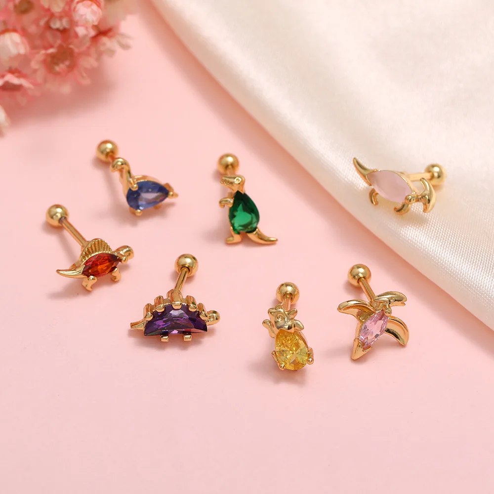  Mini animals earrings piercing jewelry stainless steel rod zircon forest series gold plated rotary ball