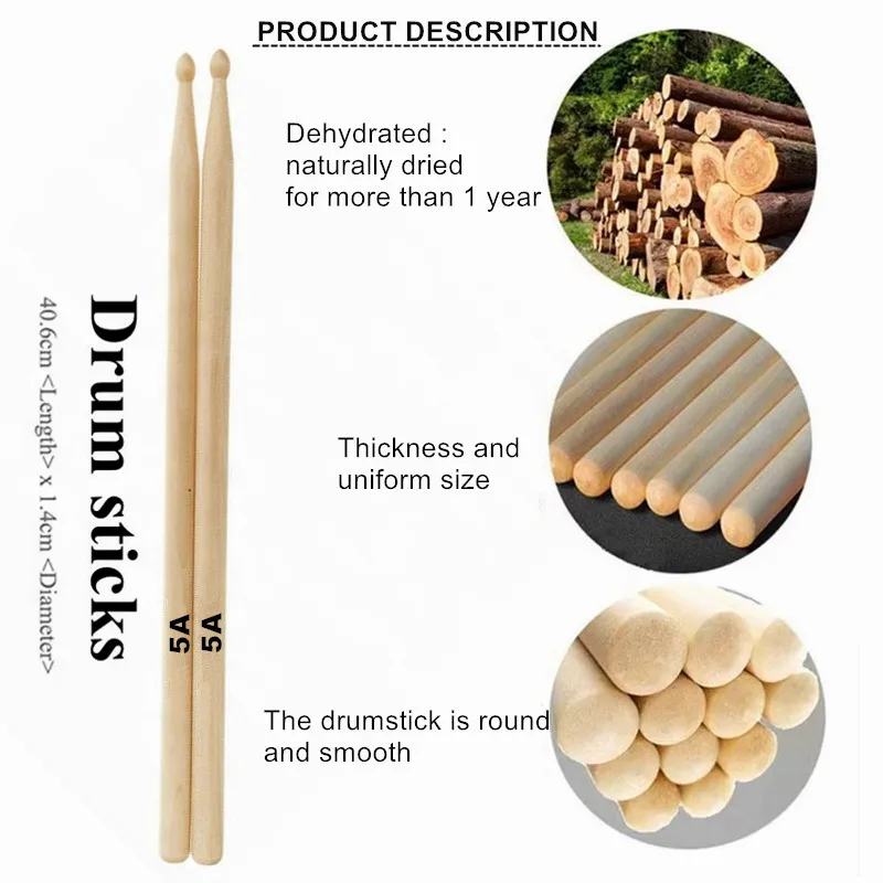 Professional Solid Birch Musical Instruments Accessories Set Custom Logo 5A 5B 7A 2B Drumsticks Recording Use Aluminium Material
