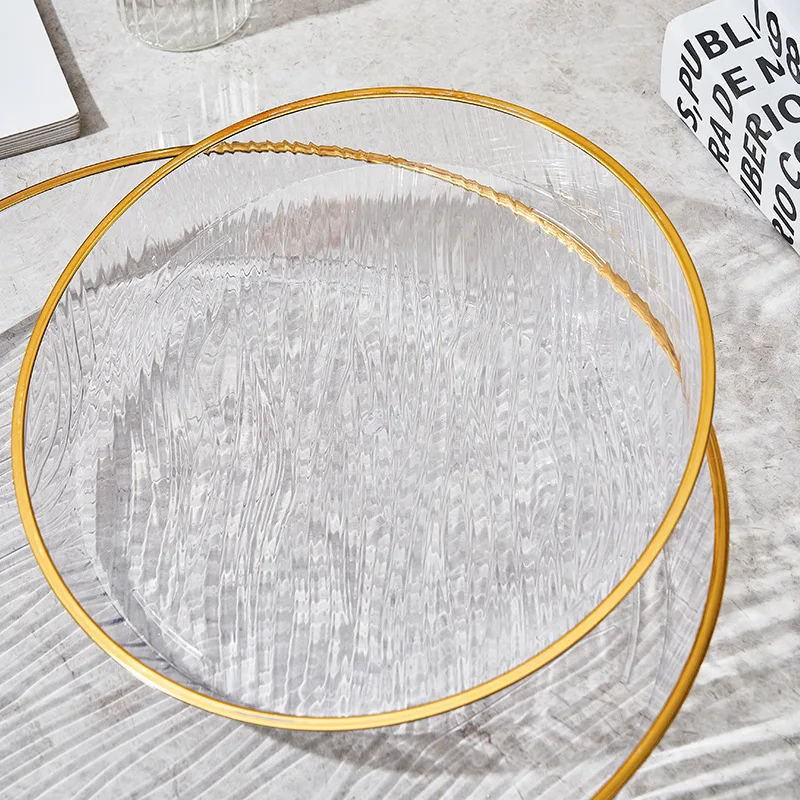 Gold-Painted Horizontal-Grained Glass Plate Transparent Western Food Salad Bowl Net Red Household Fruit Plate