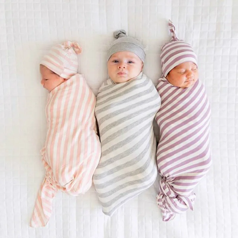 
Newborn Kids Holding Blanket Top Knot Headband Set Striped Pattern Soft Cotton Baby Blanket 
