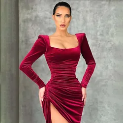 Fall Dress Lady Sexy Drawstring Skirt Long Sleeve Close Fitting Square Neck Slim Party Women Dresses