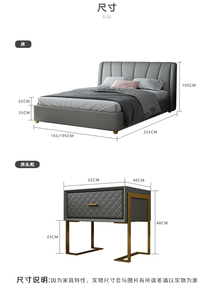 Cama De Italian Minimalist Modern Gas lift Storage Double Genuine Head boards Wooden