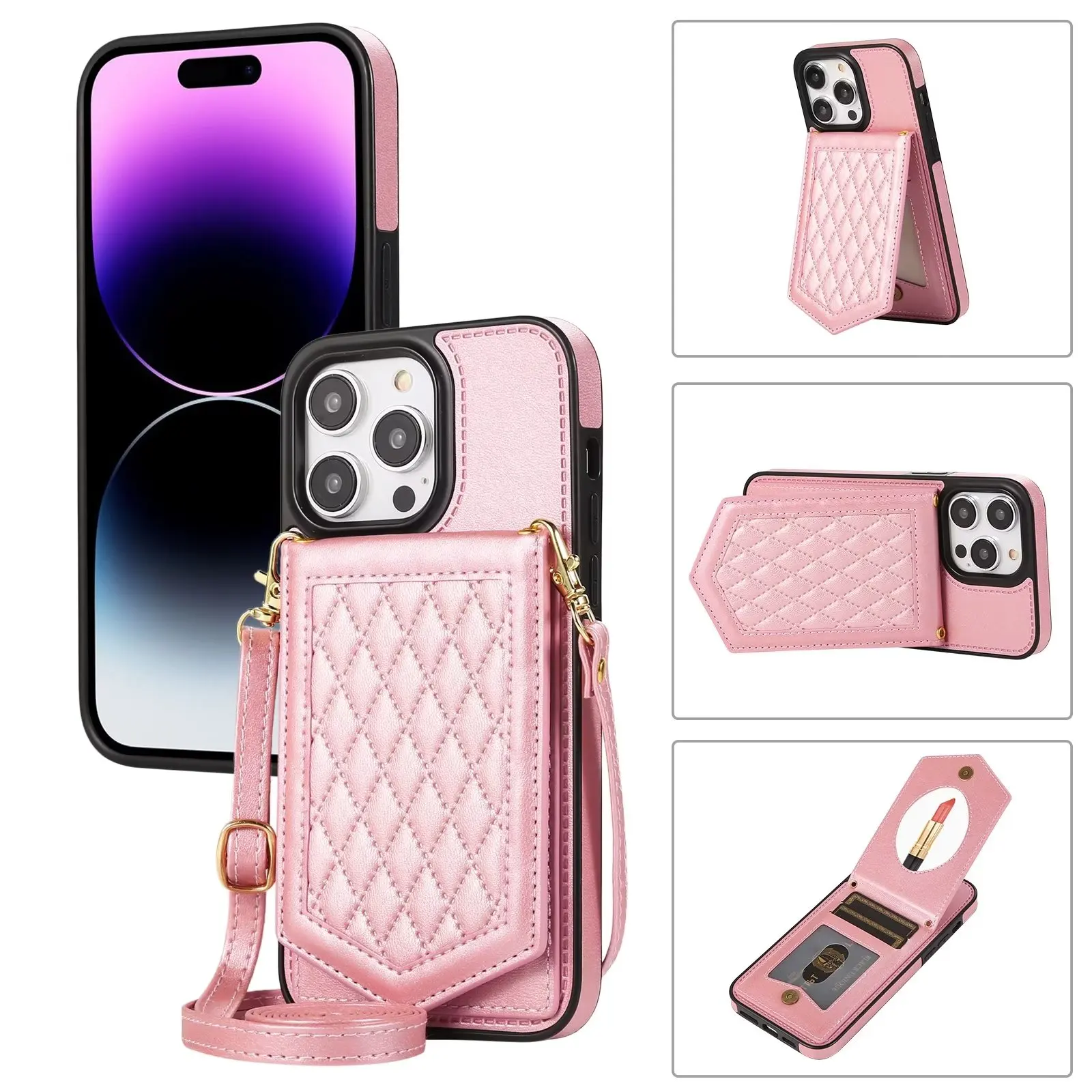 New Wallet Case with Mirror PU Leather Case with Adjustable Shoulder Strap for iPhone 11 12 13 14 15 Pro Max Leather Case