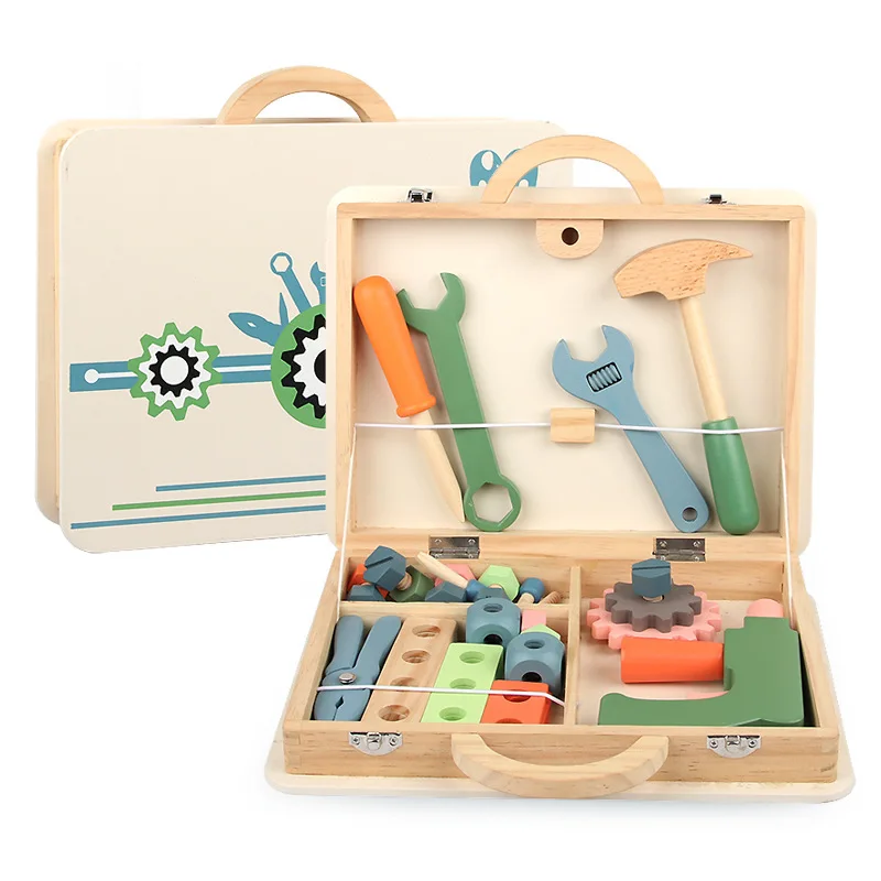 Hot Selling Multifunction Colorful Eco-friendly Paint Wooden Toy Educational Portable Kid Assembly Screw Nut Tool Box Toys