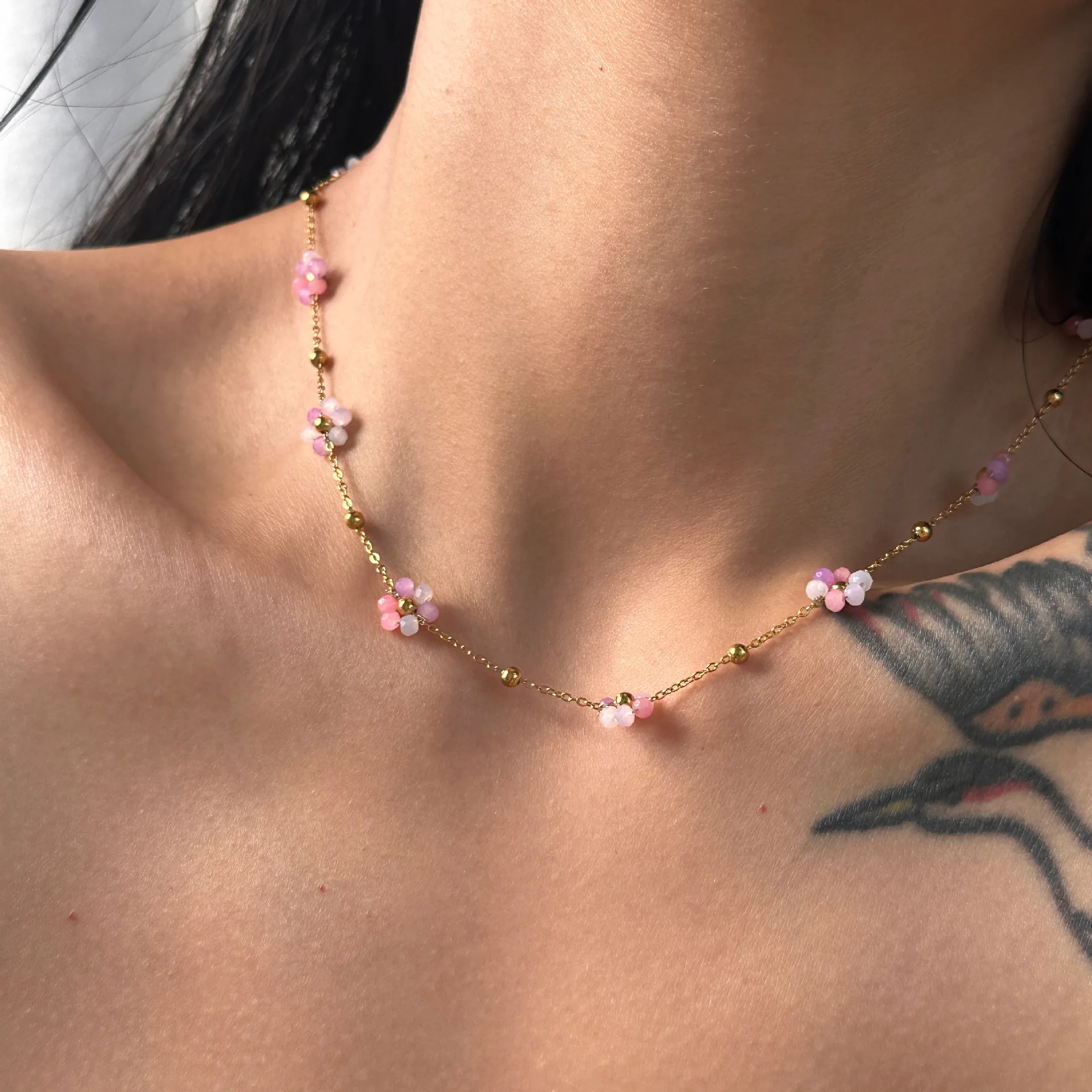 Stainless steel Colorful Pink Pearl Beaded Bracelet Necklace Daisy Flower Beads Anklet Body Belly Waist Chain Jewelry Set