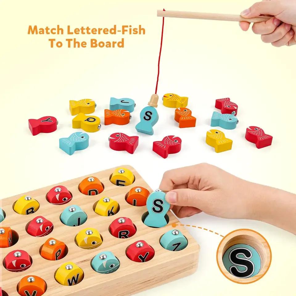 Wooden Magnetic Fishing Game Fine Motor Skill Toy ABC Alphabet Color Sorting Puzzle Montessori Letters Cognition Preschool Gift