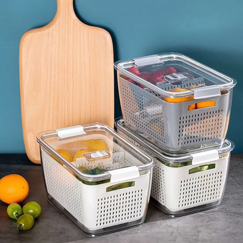 Double Drainage Basket Crisper Box Fresh Drainage Basket Kitchen Refrigerator  Organizer with Water Filtering Wash Basket
