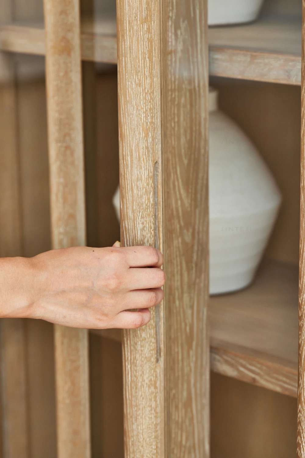 Modern Vintage Japanese Farmhouse Furniture Glass Oak Wood Display Cabinet for Living Room and Dining Room Furniture