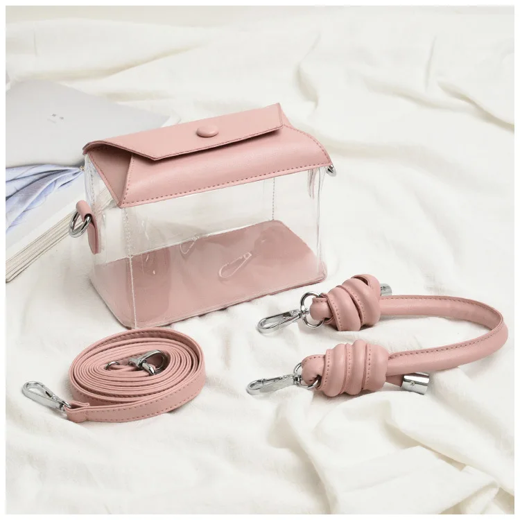 2021 New Designer Women Jely Clear Pvc Handle Square Trendy Shoulder Bag Lady Solid Transparent Messenger