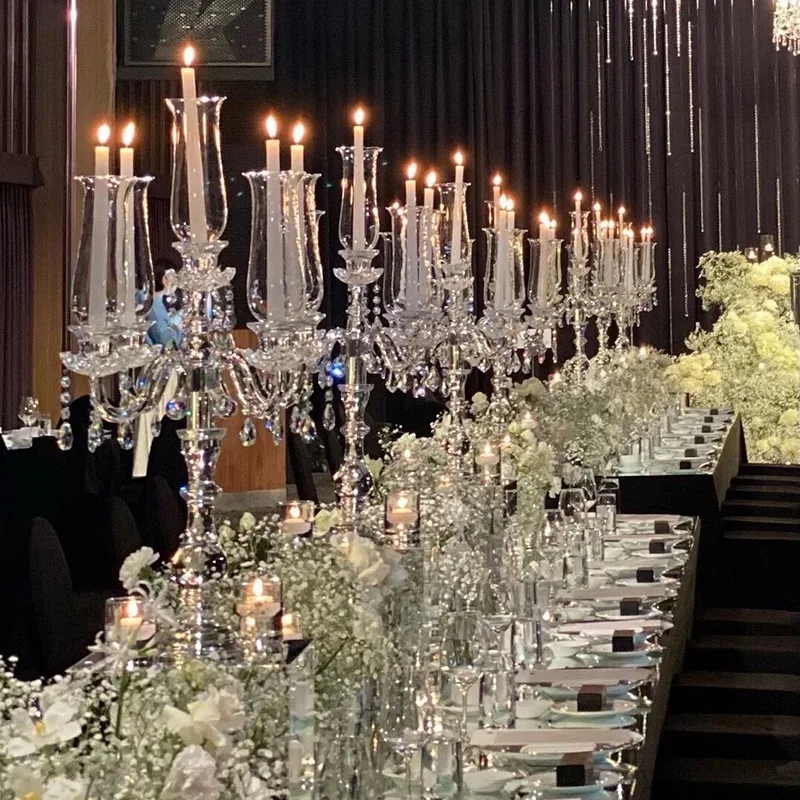 MH-TZ0622  Wedding Table Decoration 5 arms Crystal Glass Candle holder Candlestick Glass Cylinder Tube Rod Crystal Candelabra