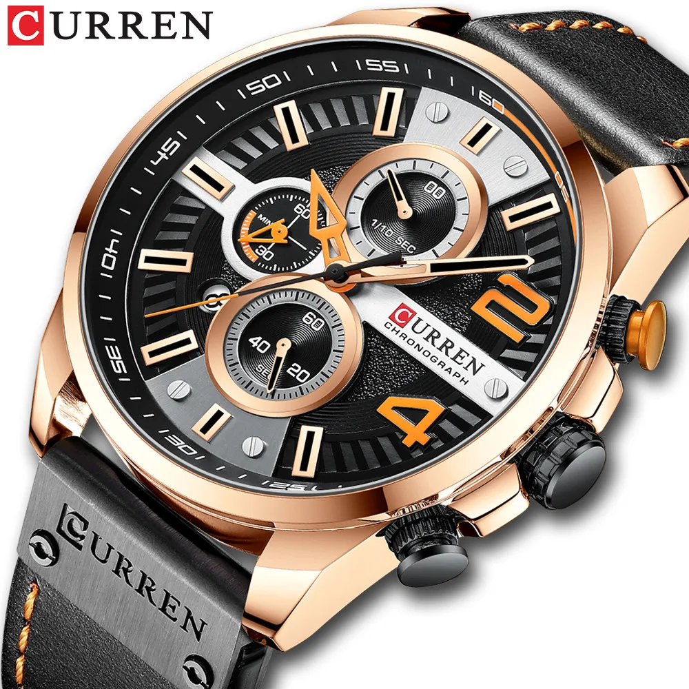 CURREN 8393 Men Casual Watch Date Chronograph 24 Hours Display Leather Strap Quartz Watch
