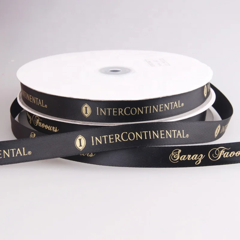 Custom Black Satin Ribbon with Gold Letters Wholesale Printed Ribbon