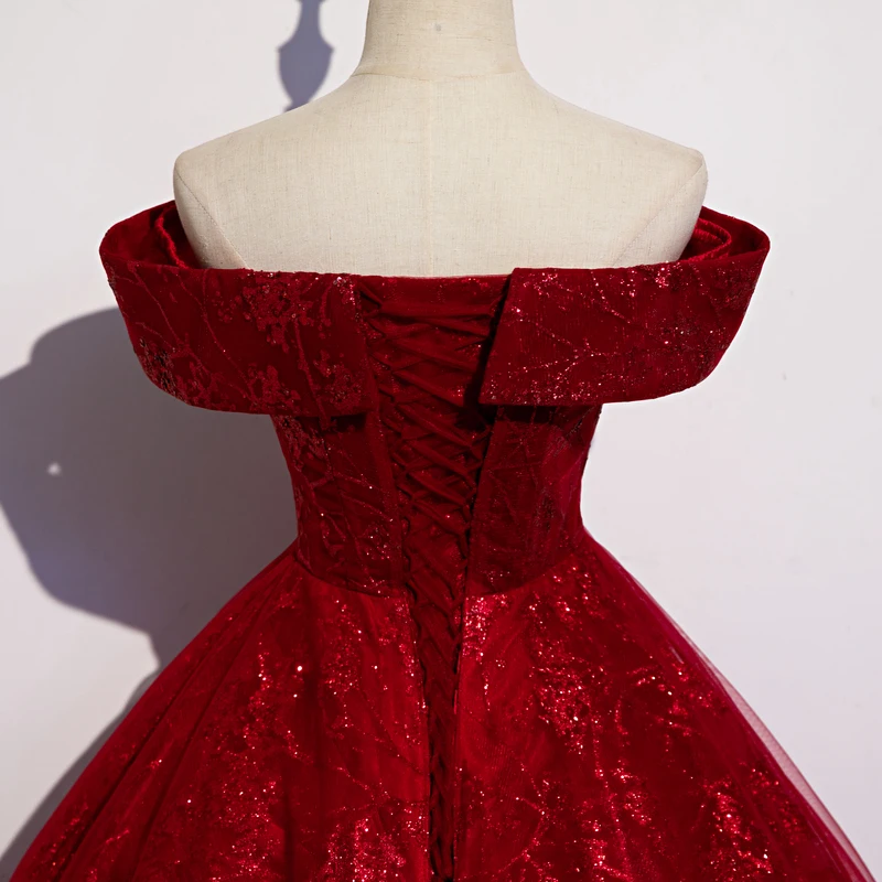 Off Shoulder Red Color Luminous Wedding Dresses Bling Lace Ball Gown Sweet 16 Dress Quinceanera Gowns