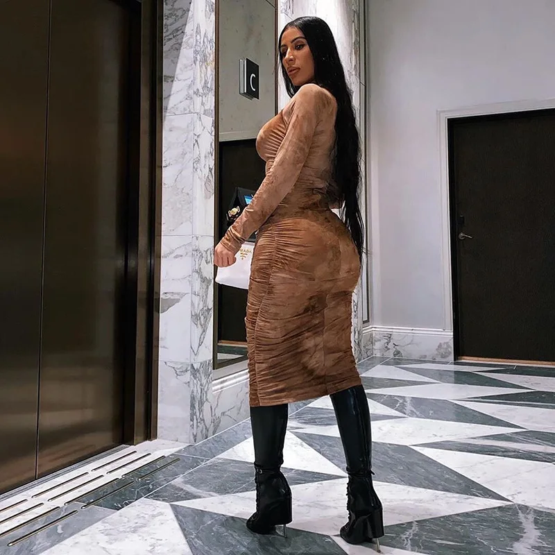 Reaqka Tie Dye Print Fashion Long Sleeve Bodycon Clubwear Midi Dress for Women Wholesale