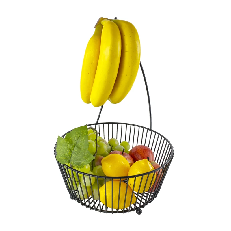Farmhouse Style Kitchen Counter Black Metal Wire Fruit Basket with Banana or Grape Hanging Hook
