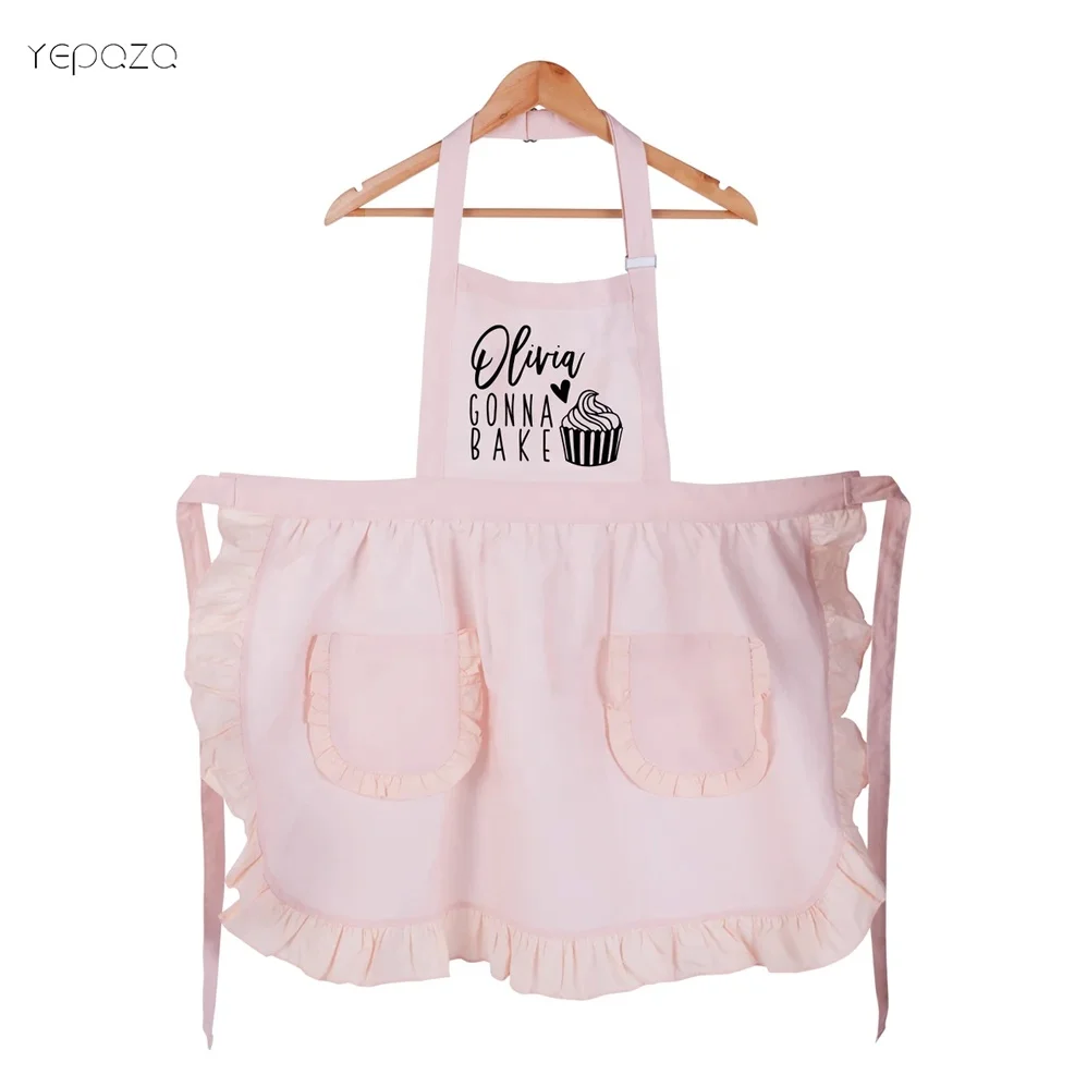 Hot sale stylish high quality cute recycled durable housemaid custom logo pink canvas dress ruffle apron for women gift