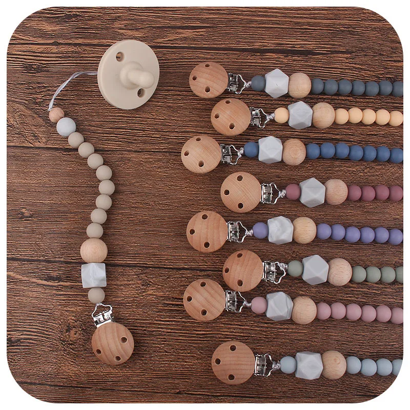 Custom Nursing Gifts Baby Infant Teething Toy Hook Silicon Wooden Pacifier Holder Dummy Clip Chain For Girls Boys
