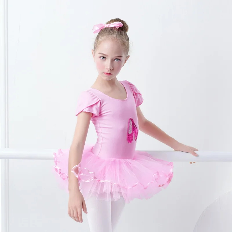 
RTS Pink Girl Ballet Leotard Short Sleeve Kids Ballet Dress Ruffle Children Ballet Dance Dresses Training Dancewear 