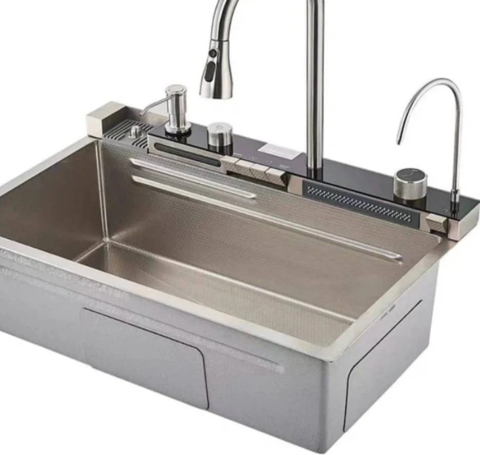 Modern Popular Large Single Slot Multifunction Sink Anti-Scratch LED Digital Display Waterfall Kitchen Sink With Cup Washer