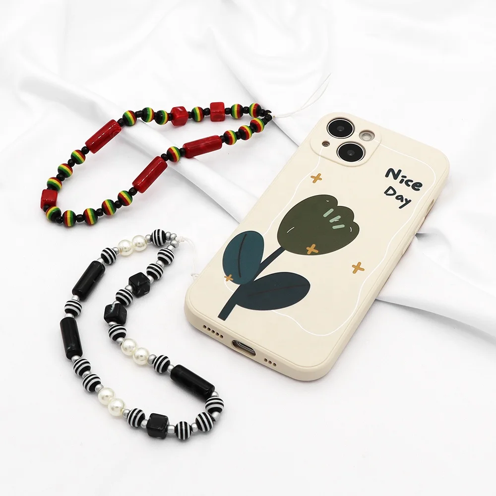 Fashion Design Beads Pearls Diy Beaded Cell Phone Lanyard Strap Luxury Mobile Chain Phone Charm Acrylic