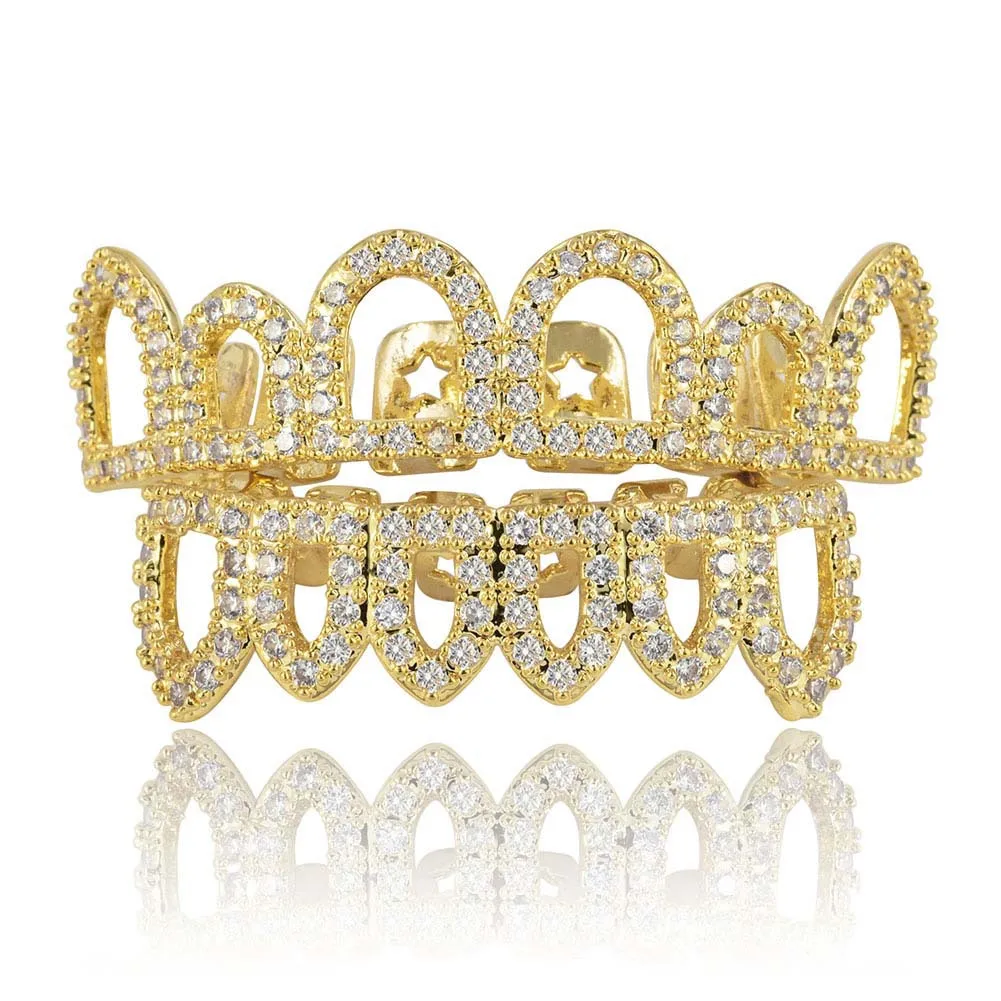  New Bling Gold Color Plated 6 Opened Teeth Grills Costume Hollow Dracula Fangs Set Micro Pave CZ Stones Top Bottom