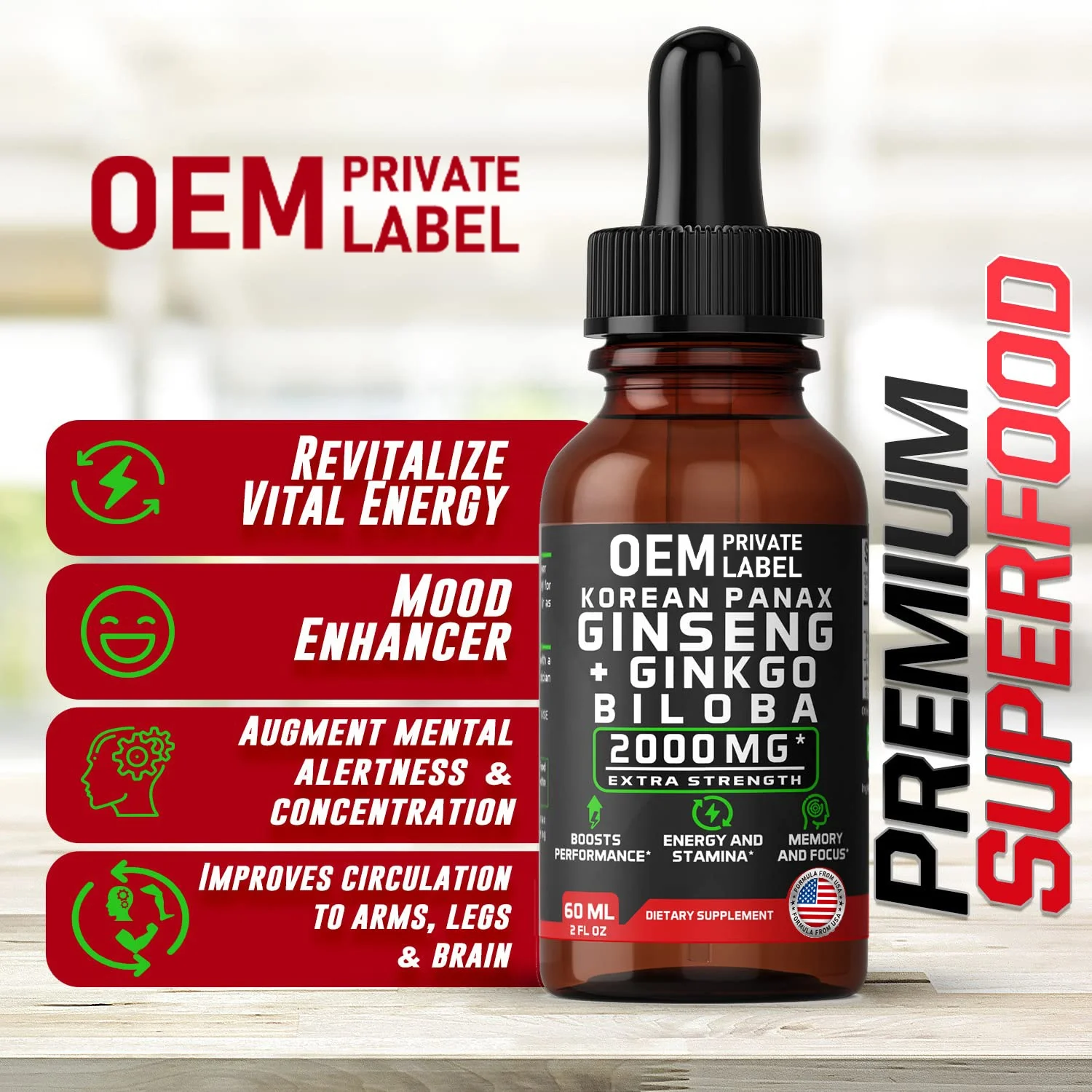 OEM Vegan Korean Red Panax Ginseng+Ginkgo Biloba Root Extract Liquid Drops Strength for Men & Women Energy, Performance & Focus