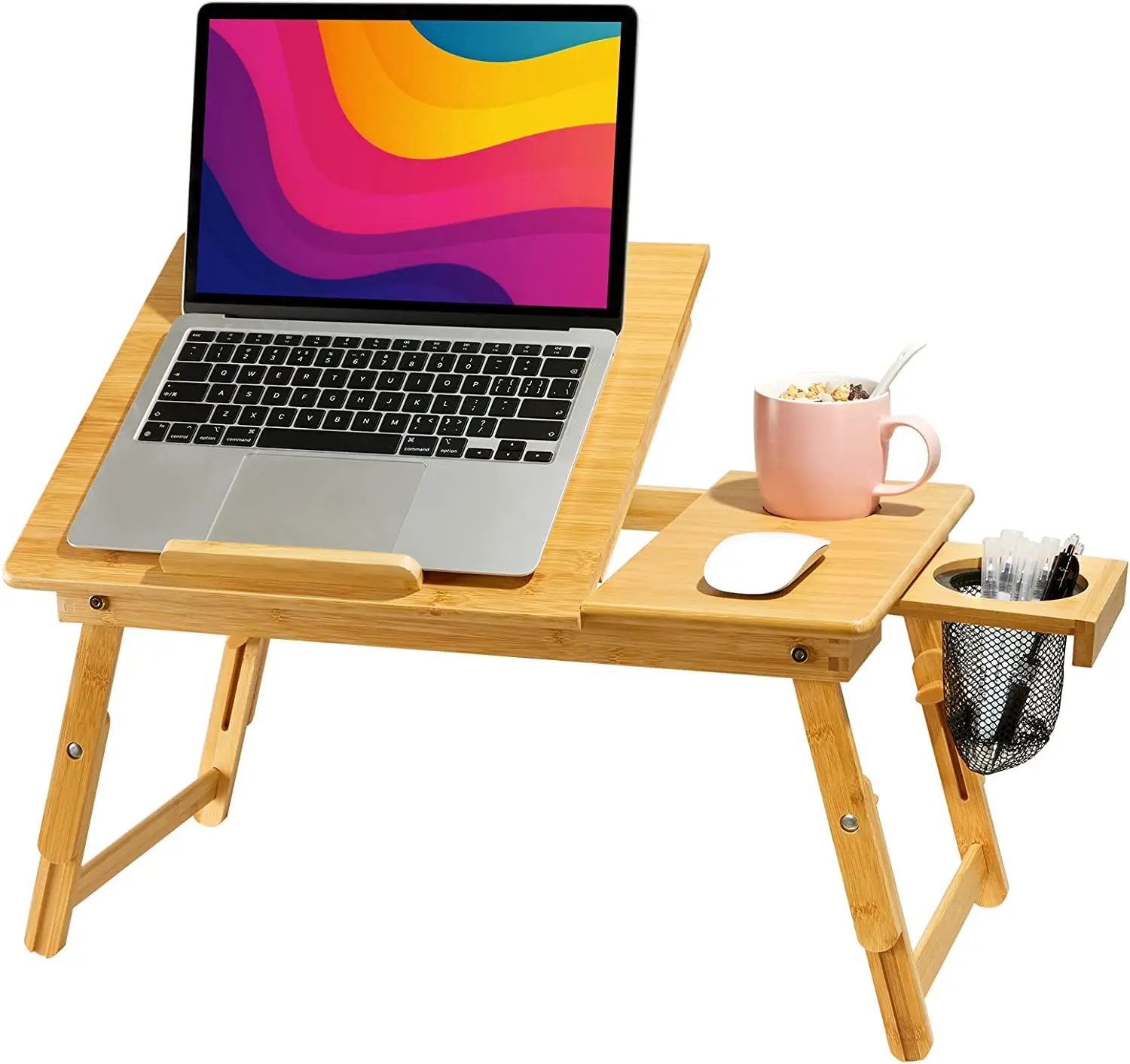 Breakfast Table with 5 Angles Tilting Top Bamboo Laptop Desk Foldable Bed Tray for Home Office