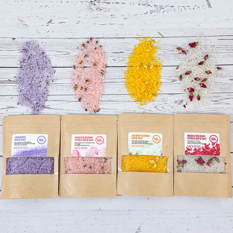 Фирменная торговая марка насыпью, натуральный жасмин, цветок персика, соль для ванны, спокойная ванна, спа, расслабляющие лепестки лаванды, розы, соль для ванны с цветами