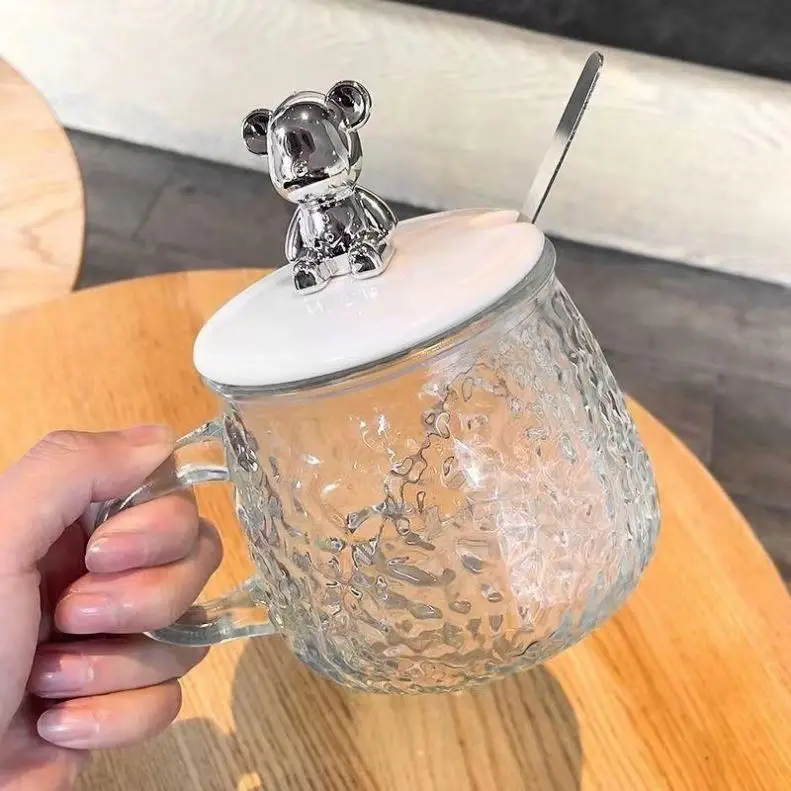 400Ml Beverage Mug Little Bear Hammer Pattern Frosted Handle Mug Glass Water Coffee Cup With Lid