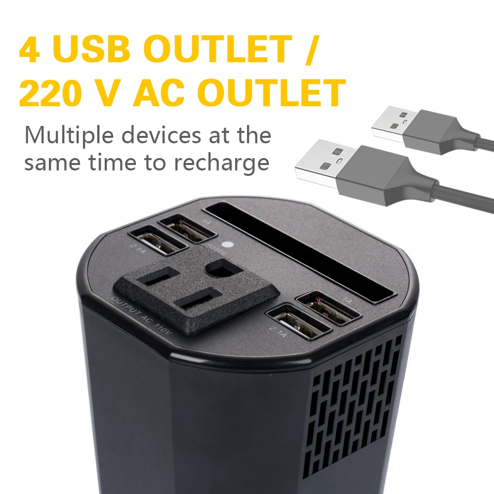 150W DC 12V to 110V AC Outlet Cup Holder Car Converter Adapter with 3.1A Dual Smart Quick USB Charger Car Power Inverter