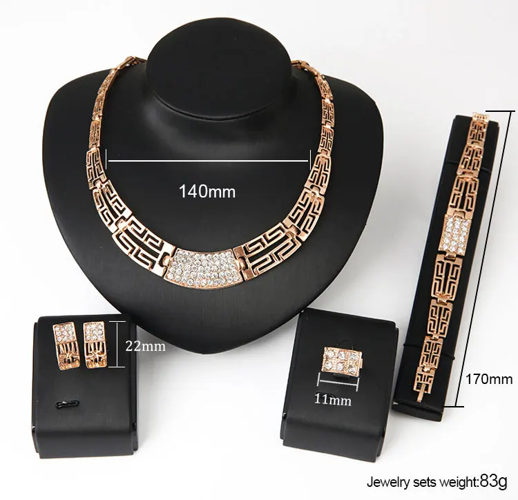 4PCS Diamond Necklace Earrings Bracelet And Ring 18 K Gold Plating Jewelry Sets
