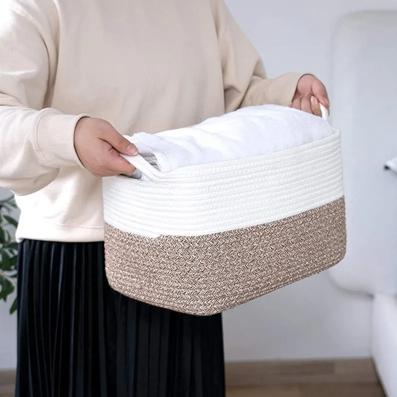 Set of 3 Woven Storage Basket Large Cotton Rope Storage Baskets with Durable Handles Foldable Laundry Hamper Woven Cotton Rope