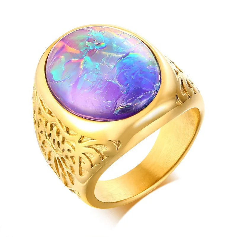 Mens Unique Elephant Non Tarnish Pvd Gold Plated Stainless Steel Rough Colorful Natural Oval Opal Ring