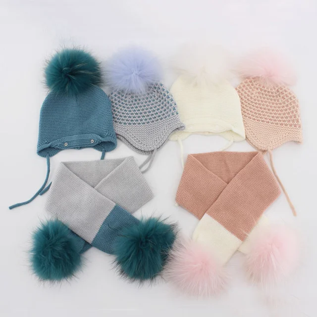 Winter Baby A Set of Hat and Scarf with Double Fur Pompom for Children two pieces Braid Hat