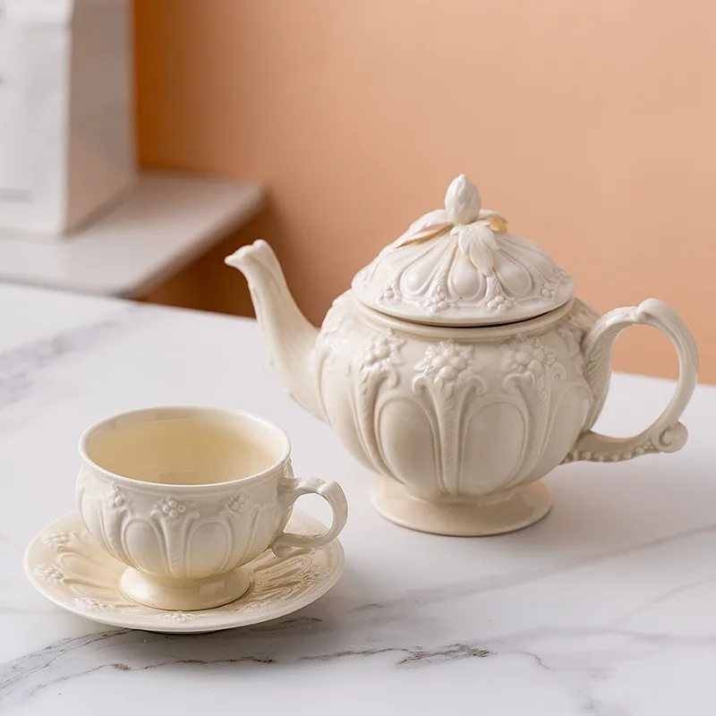 European retro cream color tea cup with exquisite berry leaf flower embossed pattern ceramic coffee pot and cup & saucer
