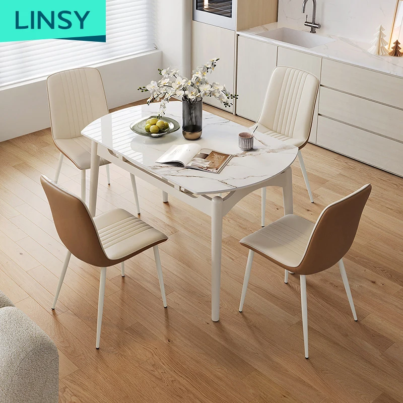 Linsy Folding Round Table Simple Household Extendable Stone Slab Wood Dining Table Set with 4/6 Chairs