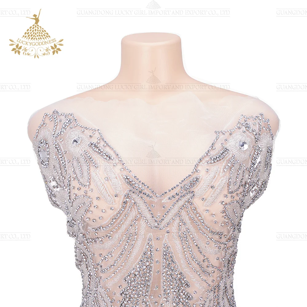 Hand Beaded Embroidered Rhinestone Big Applique Trim Great for Noble Neckline Bodice Wedding Bridal Prom Dress (Silver)