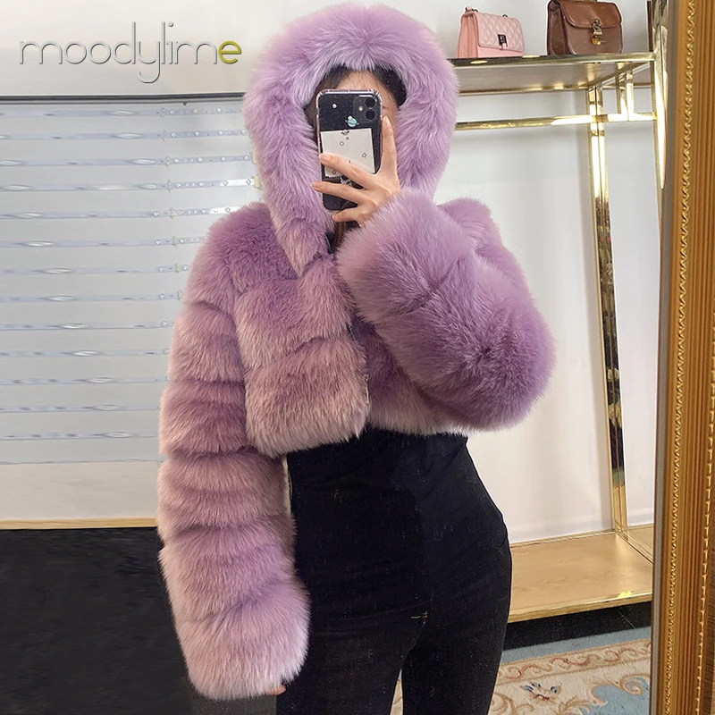 Moodylime Custom Pink White Red Blue Brown White Purple Eco Natural Mink Fox Croptop Women Fur Coat