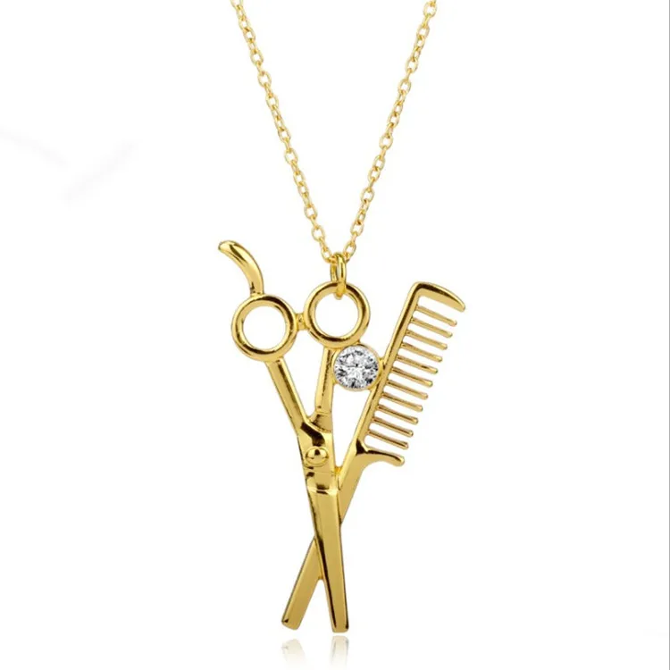 New fashion trend washing and blowing haircut necklace hair stylist popular jewelry hair dryer scissors comb pendant